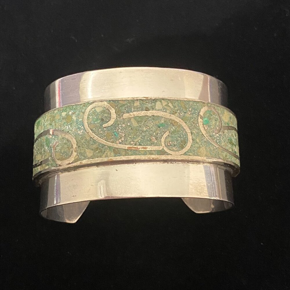 Silver Signed GOMEZ - 1960's Mosaik Crushed Stone Inlay Cuff Bracelet